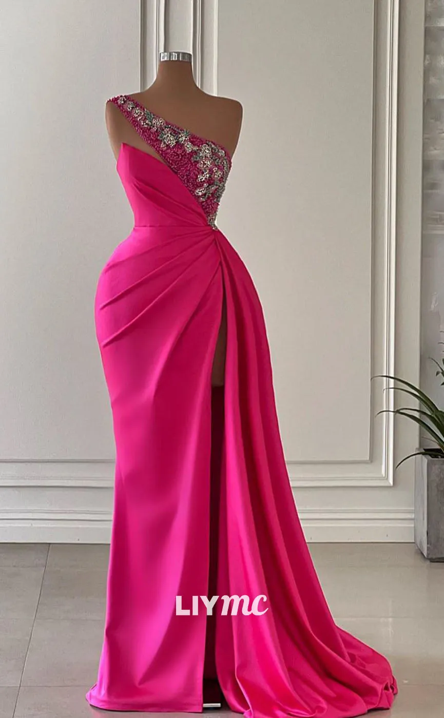 LP1122 - One Shoulder Satin Beads Long Formal Prom Dress with Slit