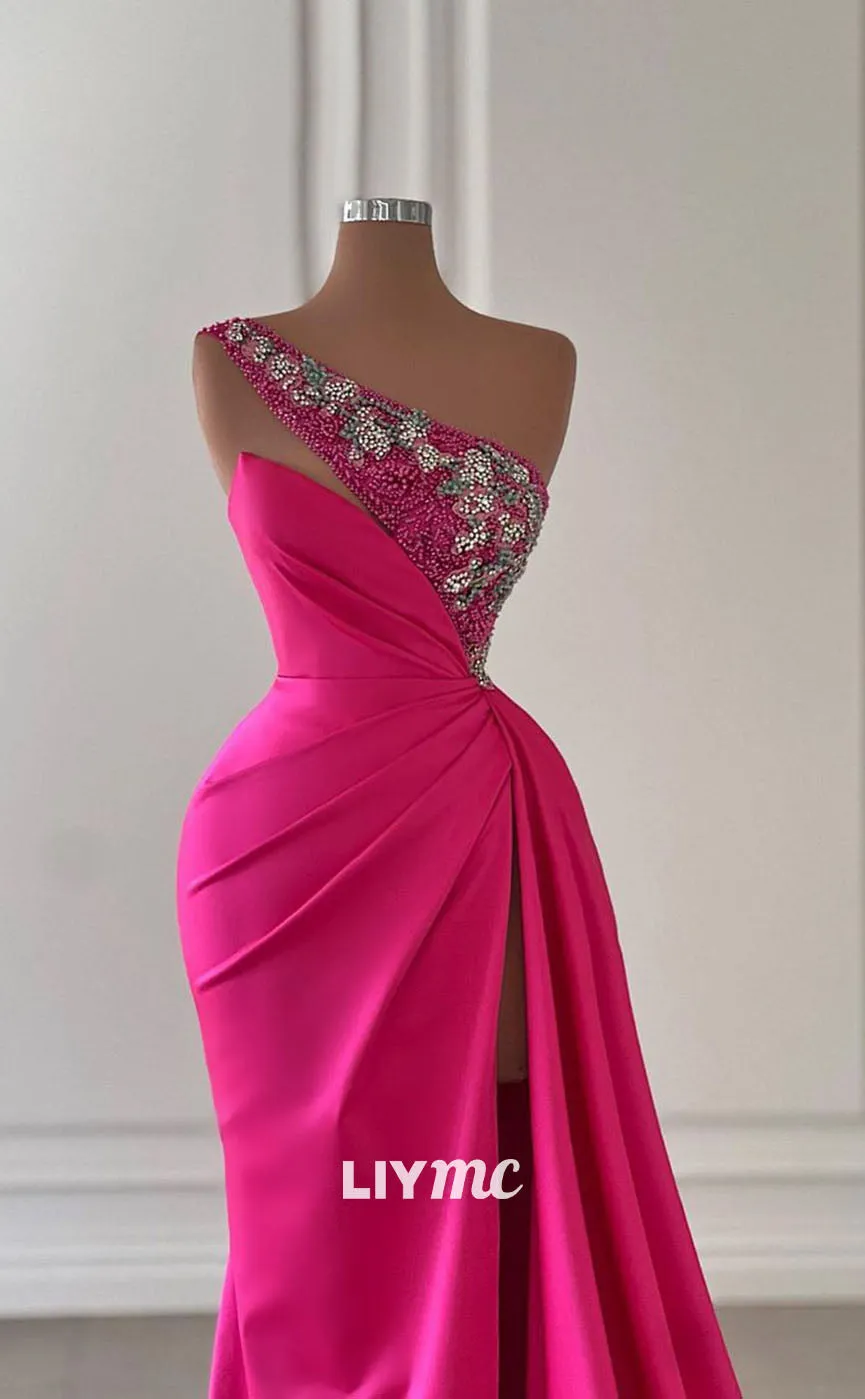 LP1122 - One Shoulder Satin Beads Long Formal Prom Dress with Slit