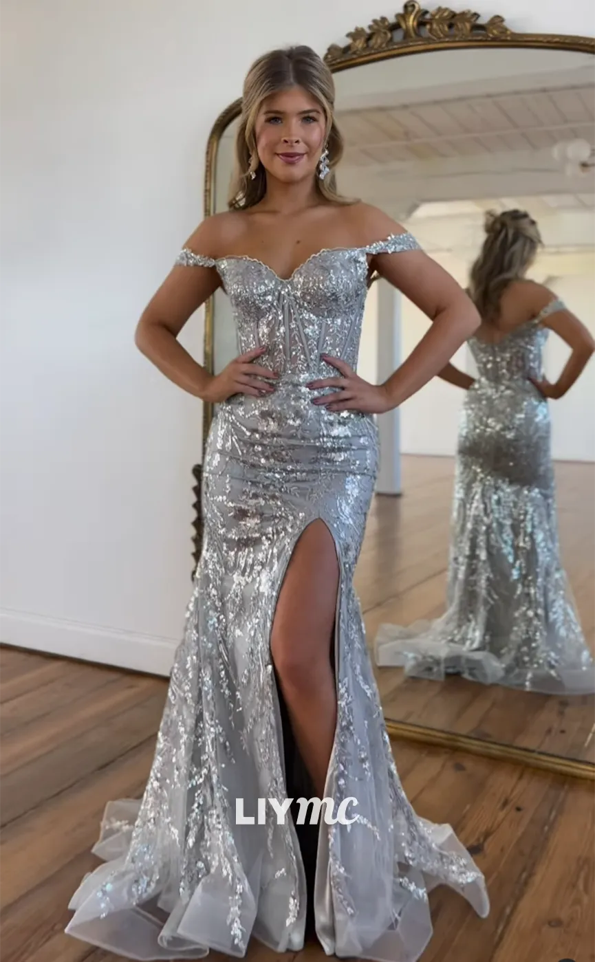 LP1130 - Unique Off Shoulder Sequins Lace Mermaid Prom Dress with Slit