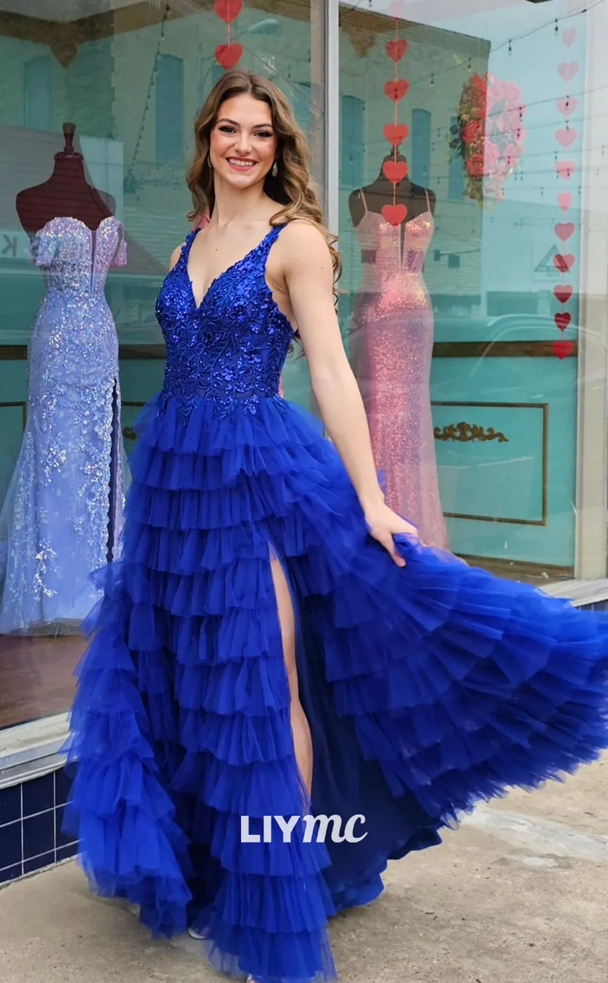 LP1138 - A Line V Neck Lace Appliques Long Semi Formal Prom Dress with Slit