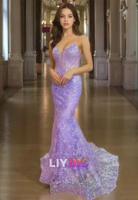 LP1186 - Plunging Illusion V Neck Lace Mermaid Formal Prom Dress