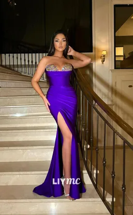 LP1209 - Sweetheart Mermaid Pleats Beaded Burgundy Prom Dresses with Side Slit