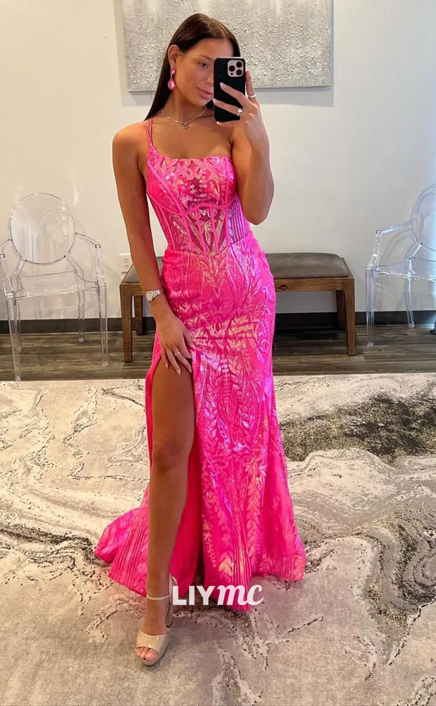 LP1211 - Sexy One-shoulder Sheath Appliques Sexy Prom Dressess with Side Slit