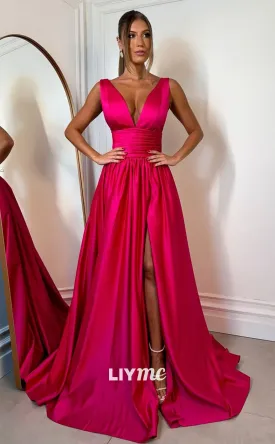 LP1226 - Sexy Red V-Neck Satin Party Evening Dress with Side Slit