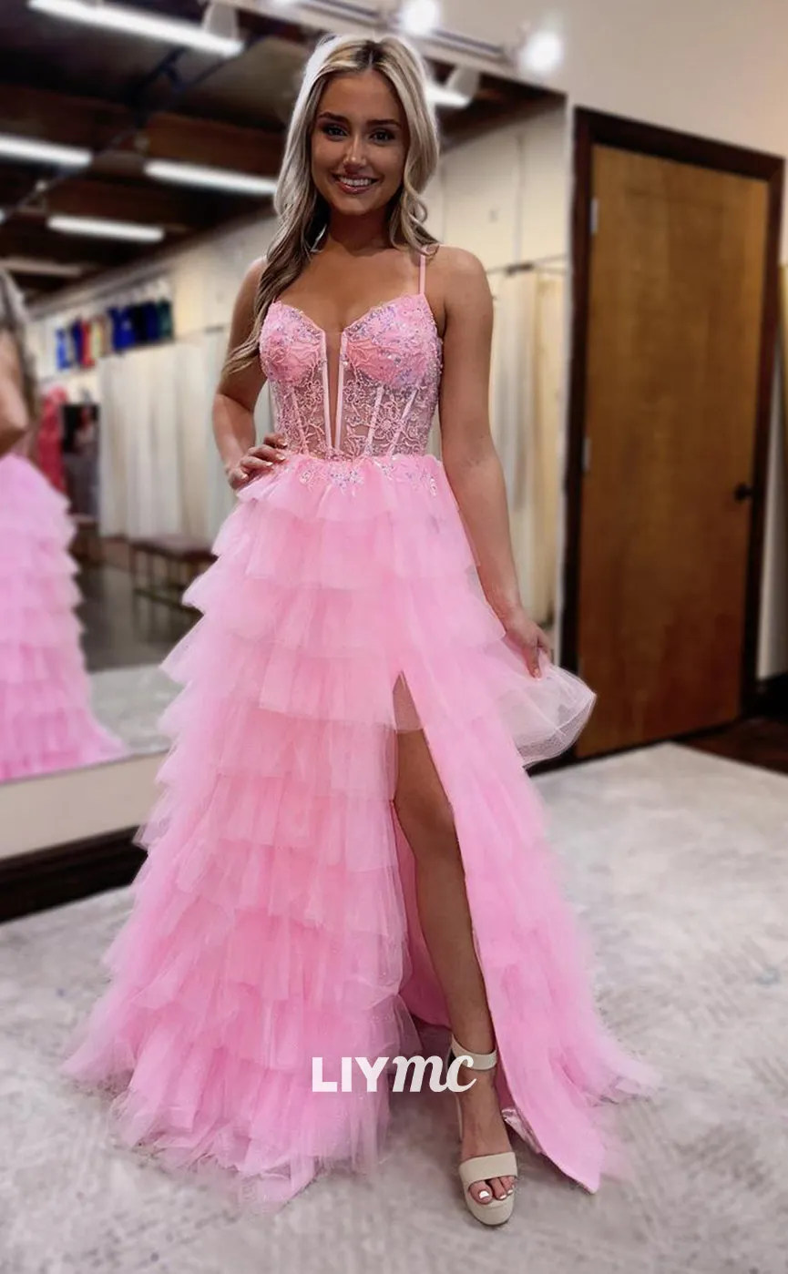 LP1239 - Cute Pink Sweetheart Appliques Lace-Up Tiered Ball Gowngown Party Prom Dress