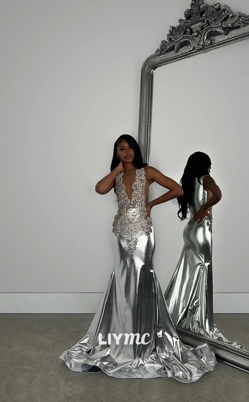 LP1268 - V-Neck Beaded Sparkly Mermaid Prom DressesProm Dresses for Black Girls Classy