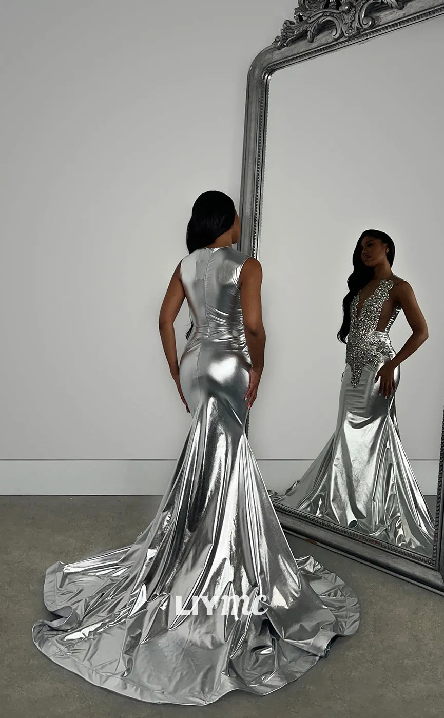 LP1268 - V-Neck Beaded Sparkly Mermaid Prom DressesProm Dresses for Black Girls Classy