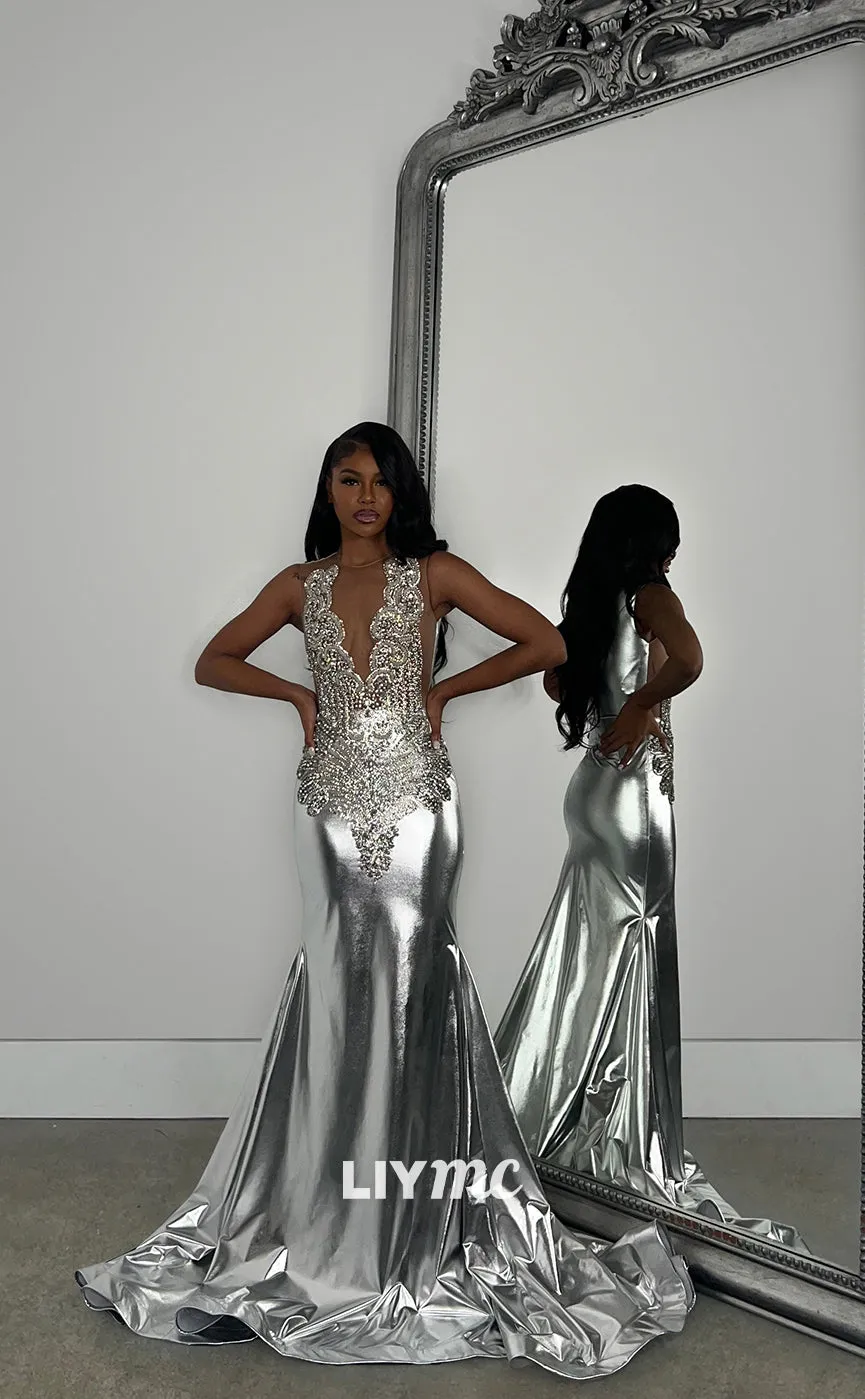 LP1268 - V-Neck Beaded Sparkly Mermaid Prom DressesProm Dresses for Black Girls Classy