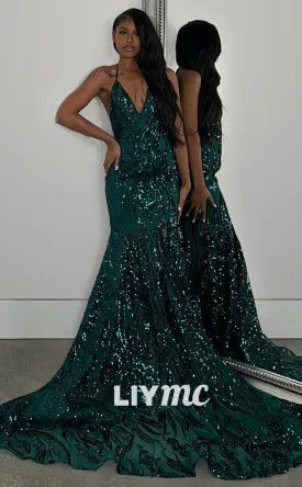 LP1276 -Halter V-Neck Sparkly Appliques Mermaid Prom Dresses for Black Girls Classy