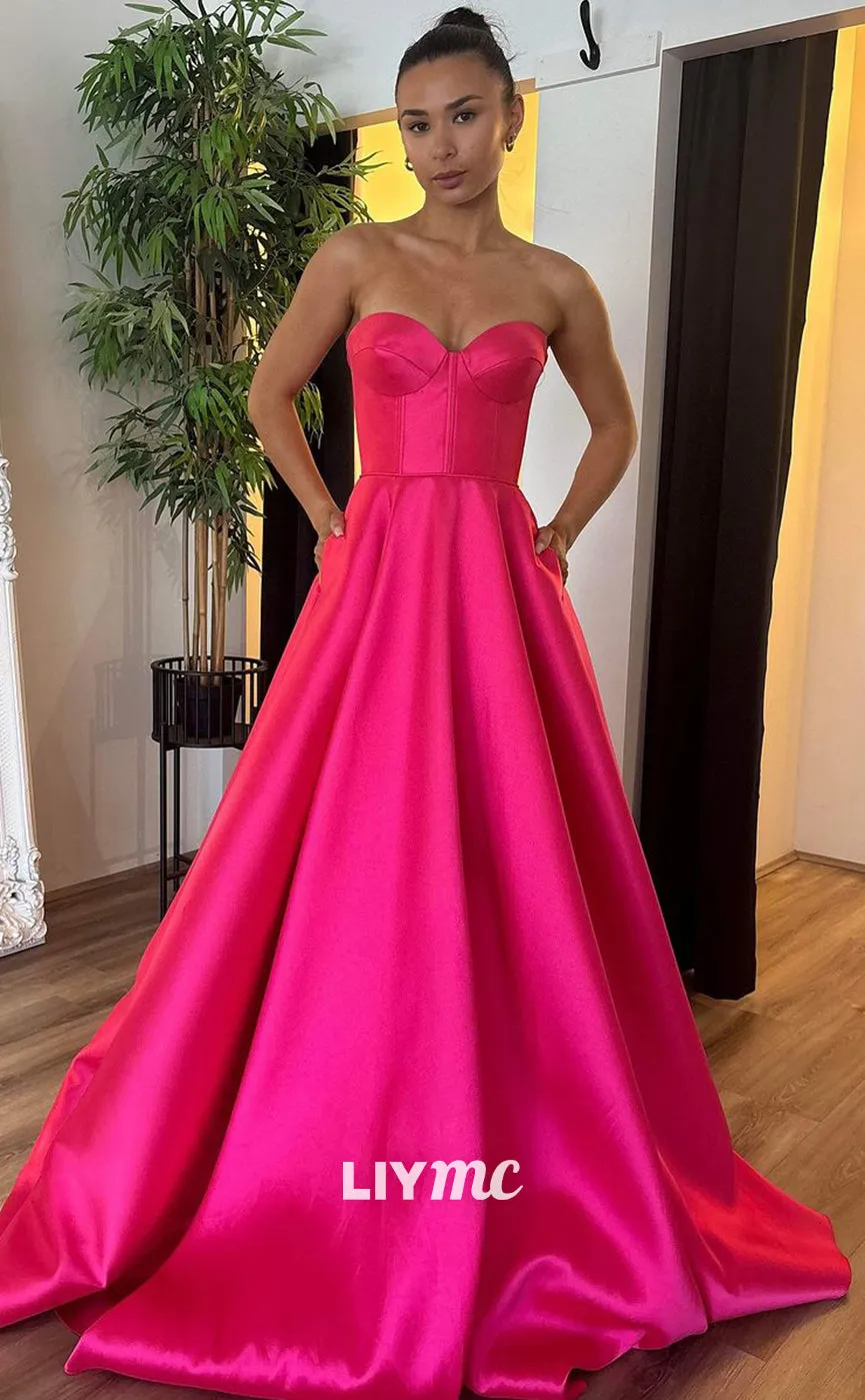 LP1302 - Sweetheart Strapless A-Line Sleek Satin Burgundy Prom Dress