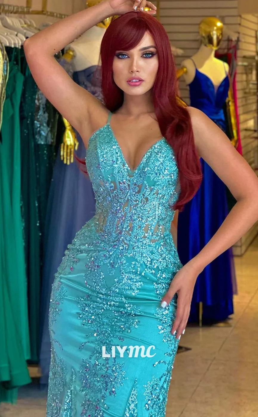 LP1305 - V-Neck Spaghetti Straps Appliques Bodice Mermaid Prom Dress