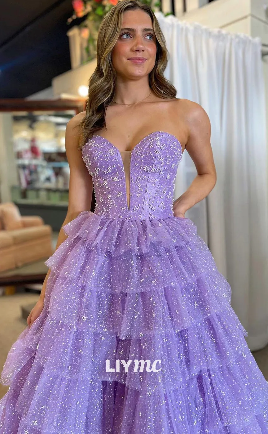 LP1332 - Offf-Shoulder Sweetheart A-Line Tiered Ball Gown Prom Dress