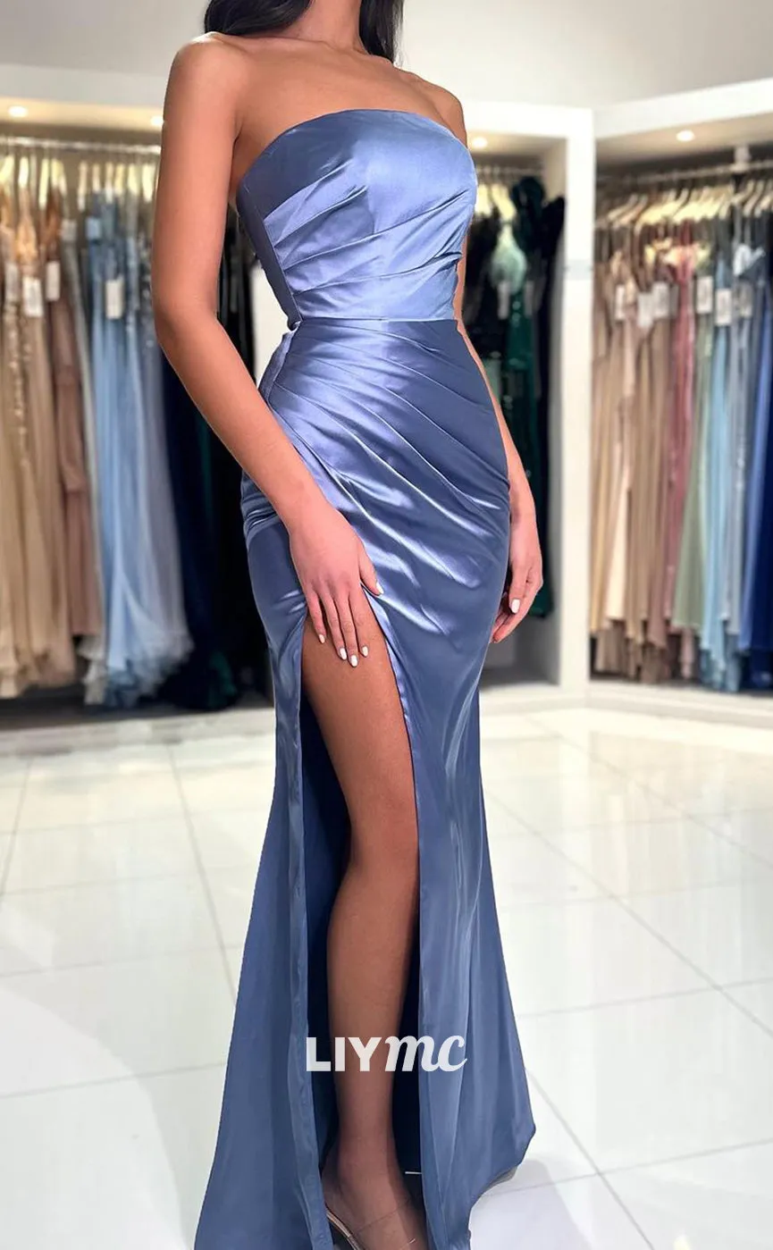 LP1347 - Chic Column Strapless Sleeveless Ruched High Side Slit Prom Evening Gown