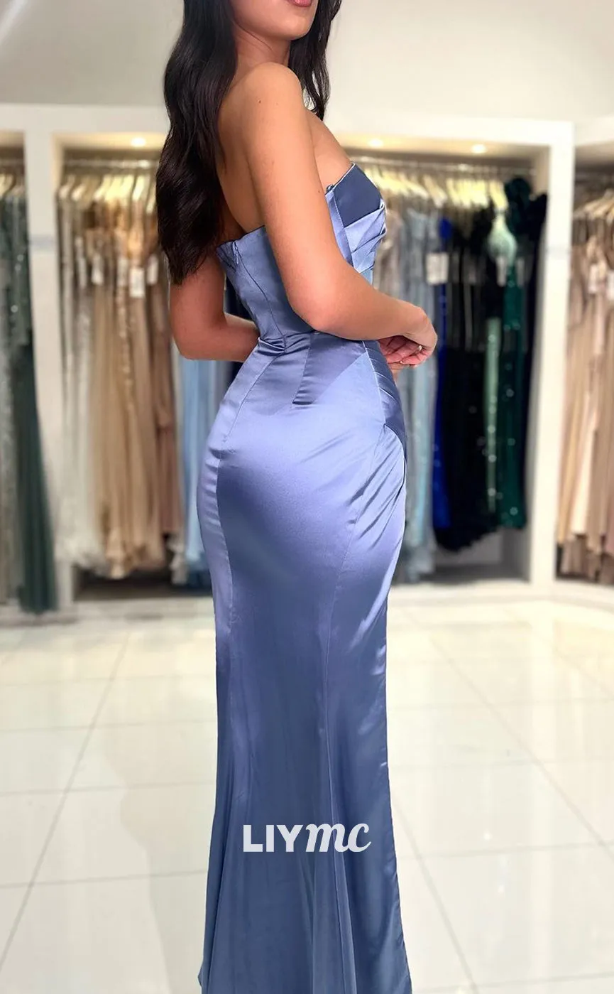 LP1347 - Chic Column Strapless Sleeveless Ruched High Side Slit Prom Evening Gown