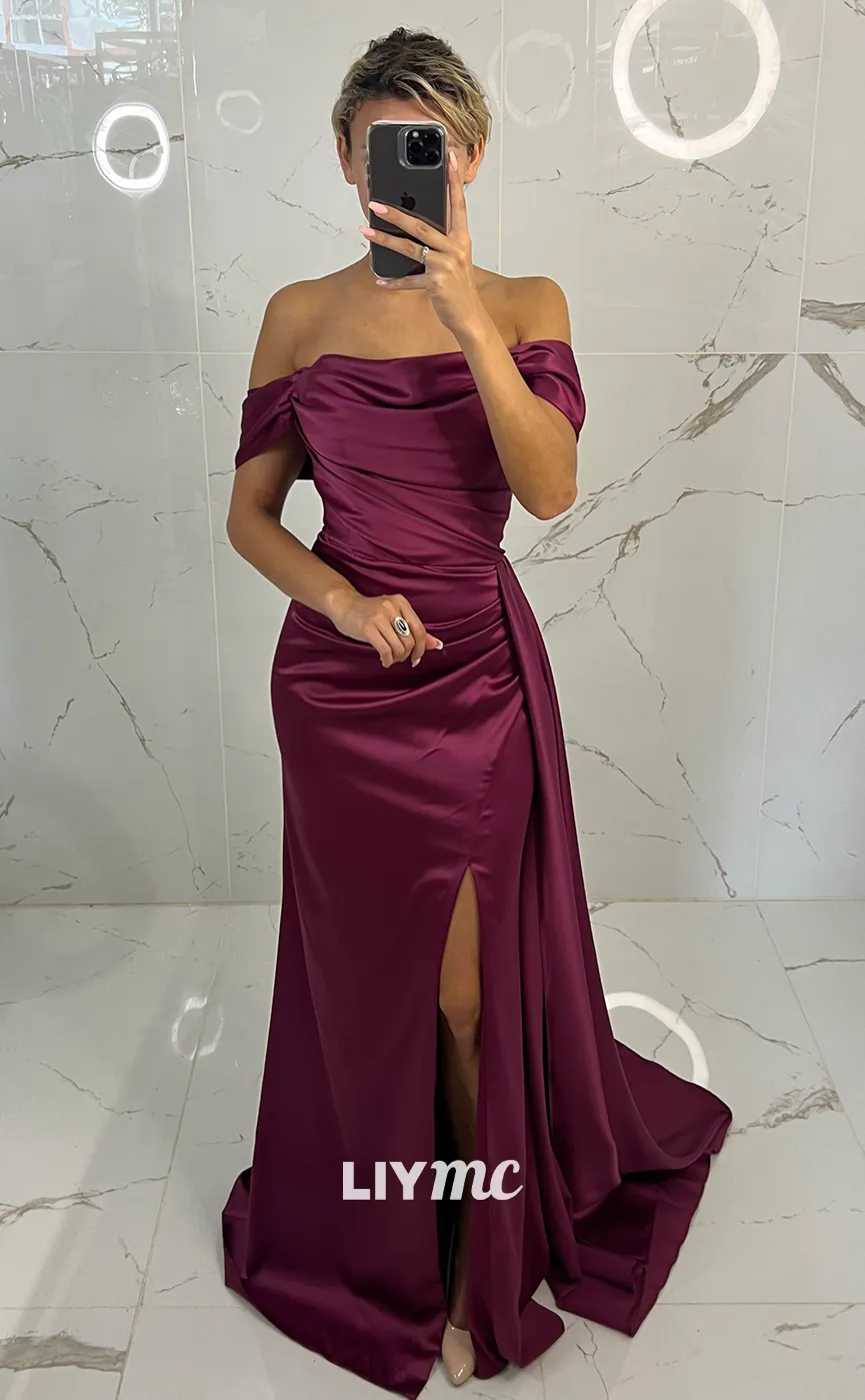 LP1355 - Classic Column Off-Shoulder Stain Ruched Long Prom Dress with Slit