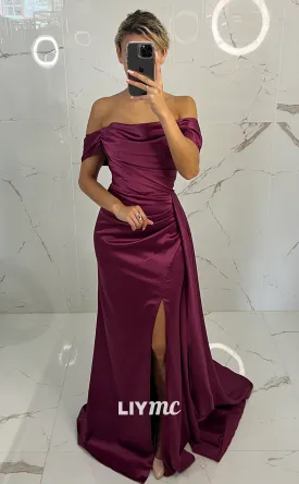 LP1355 - Classic Column Off-Shoulder Stain Ruched Long Prom Dress with Slit