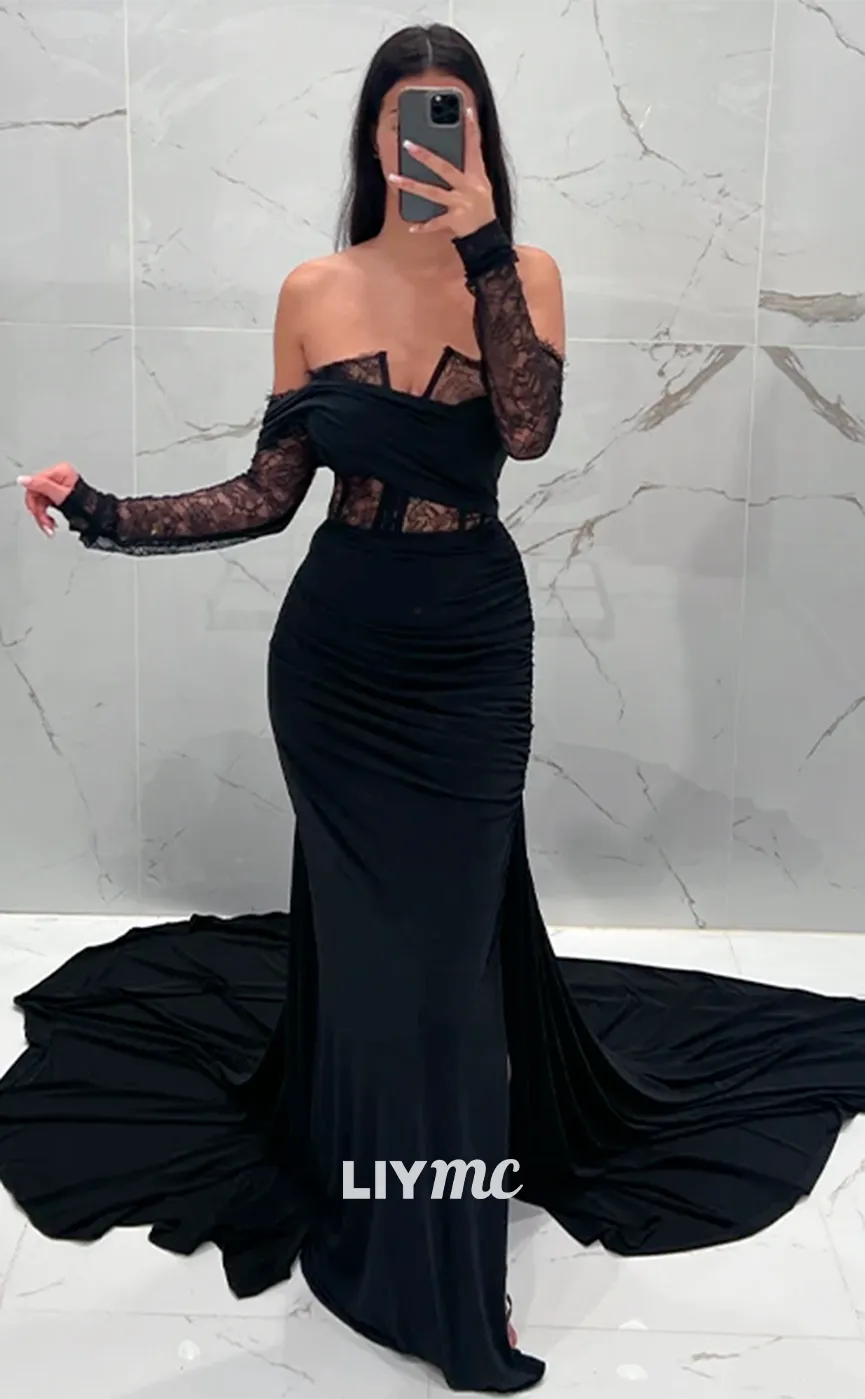 LP1356 - Unique & Sexy Column Mermaid Off-Shoulder Long Lace Sleeves Open Back Ruched Prom Party Gown