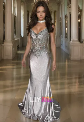 LP1413 - V-Neck Spaghetti Straps Appliques Sequins Sleek Satin Merimaid Prom Dress for Black Girl Slay