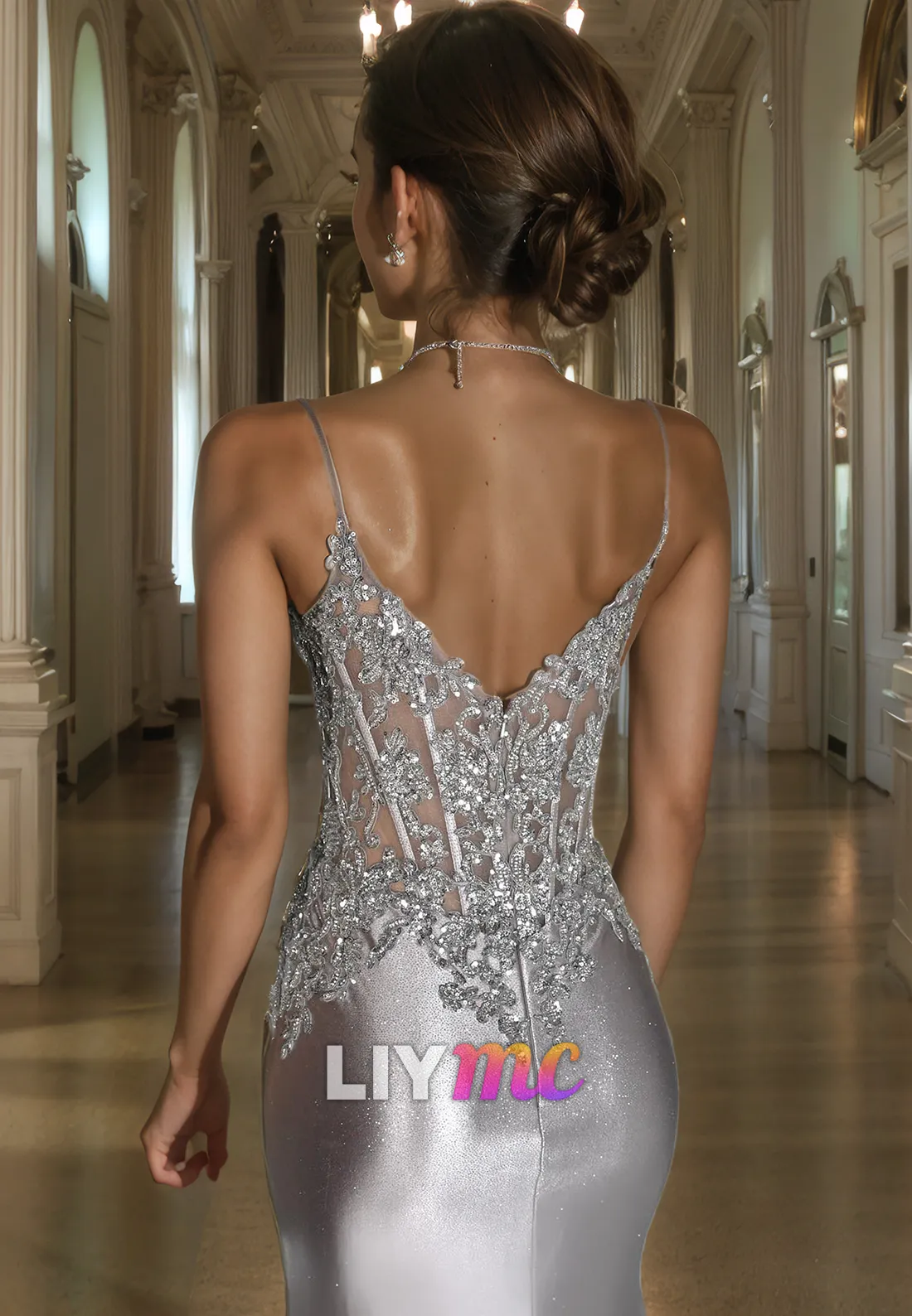 LP1413 - V-Neck Spaghetti Straps Appliques Sequins Sleek Satin Merimaid Prom Dress for Black Girl Slay