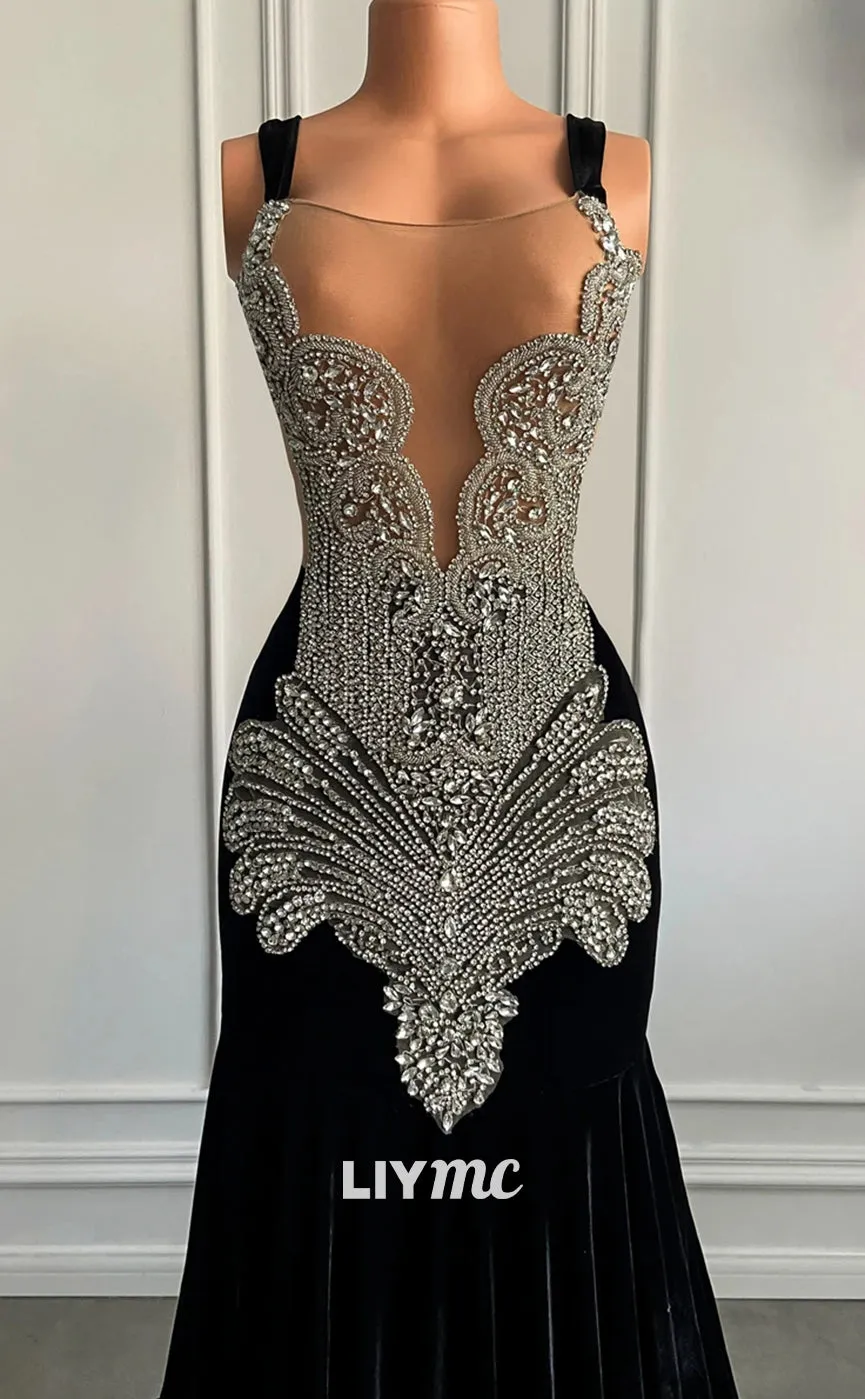 LP1443 - Drammtic Low V-Neck Sleeveless Crystal Beaded Mermaid Prom Dress for Black Girls Slay