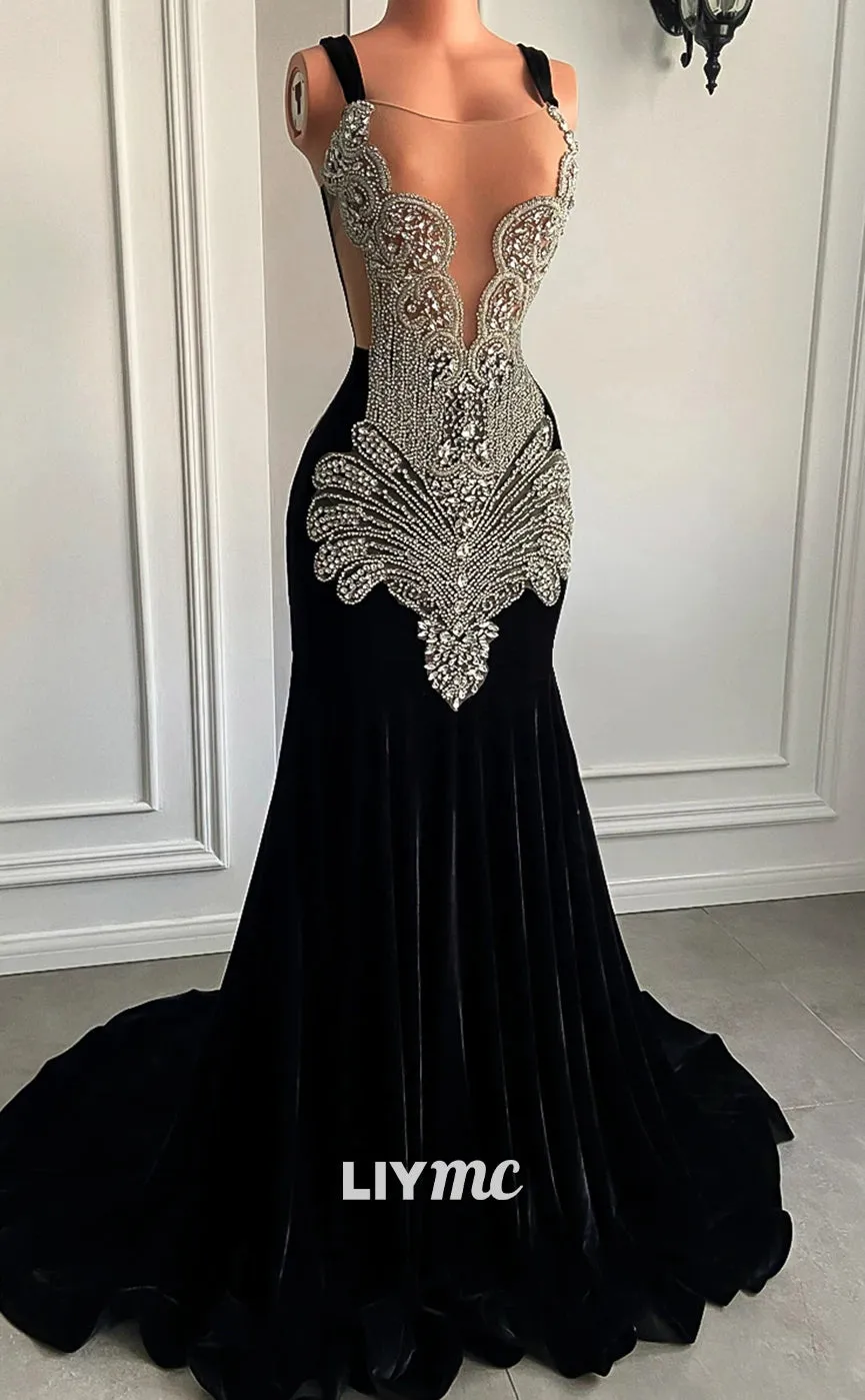 LP1443 - Drammtic Low V-Neck Sleeveless Crystal Beaded Mermaid Prom Dress for Black Girls Slay