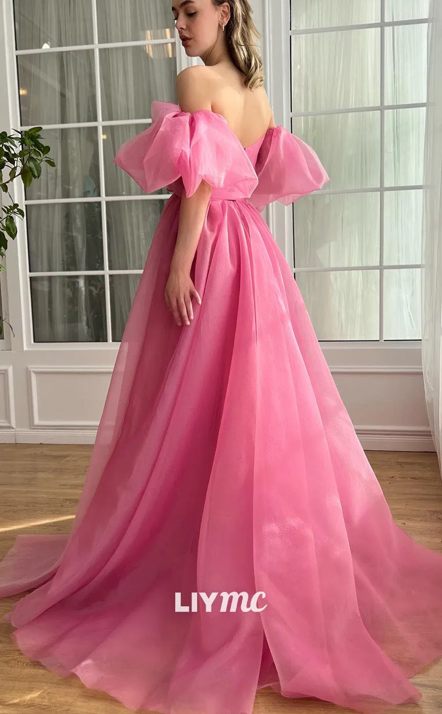 LP1782 - Off Shoulder Puff Sleeves A-Line Pleated Tulle Ball Gown Prom Dress