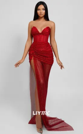 LP1784 - Semi-Sweetheart Strapless Sequins Pleated High Slit Sexy Prom Dress