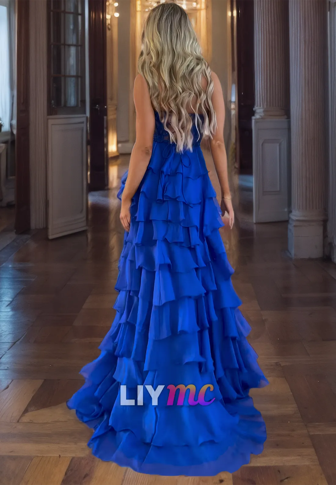 LP1787 - Semi-Sweetheart Strapless Appliques Tiered A-Line Prom Dress