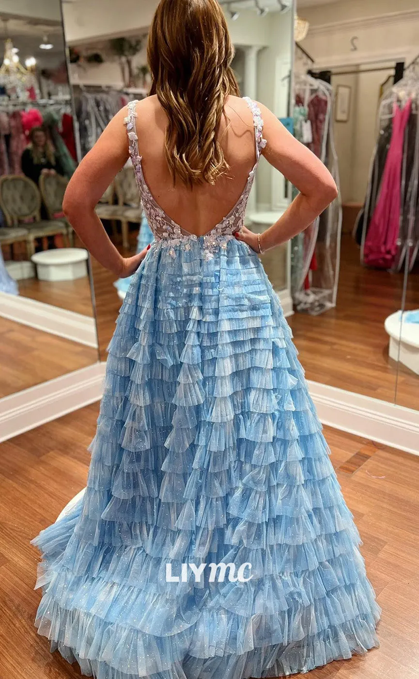 LP1799 - Scoop Floral Open Back Sleeveless Tiered Tulle Ball Gown Prom Dress