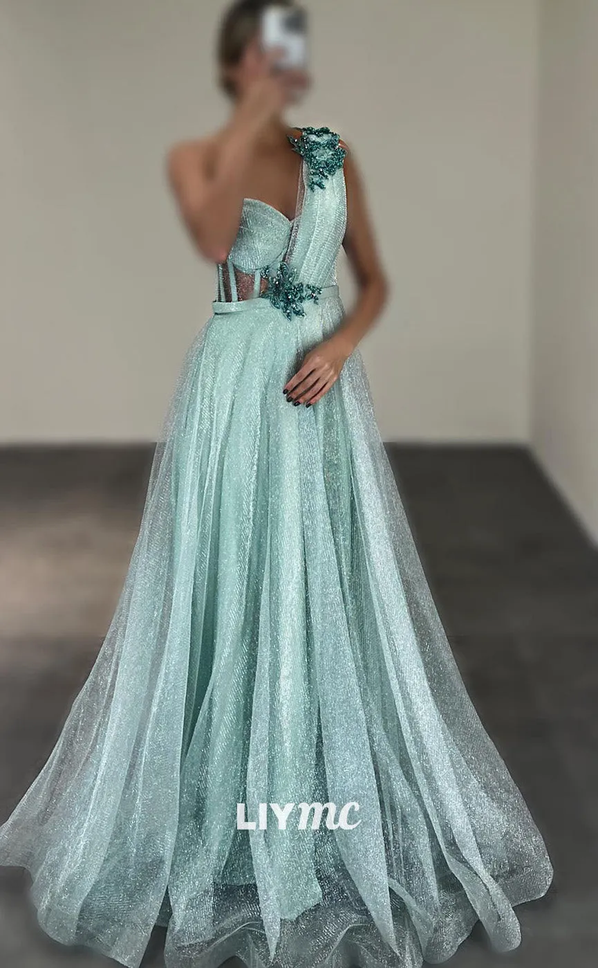 LP1820 - Asymmetrical Floral Embellished Tiered Tulle A-Line Prom Dress