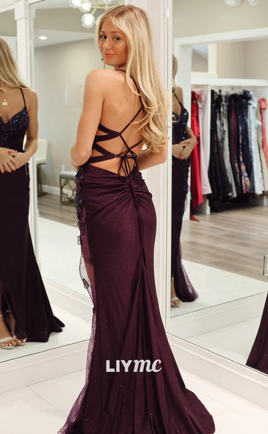 LP1831 - V-Neck Spaghetti Straps Appliques Beaded Lace-Up High Slit Sexy Prom Dress