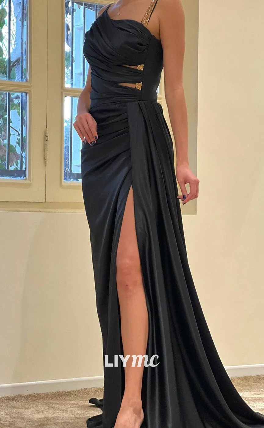 LP1846 - Classic Asymmetrical Straps Pleated Ruched Sleek Satin High Slit Prom Dress