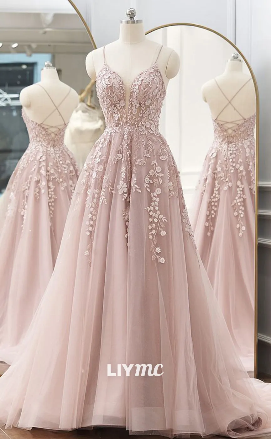 LP1870 - A-line V Neck Spaghetti Straps Sweep Train Tulle Prom Dress With Appliqued Beading