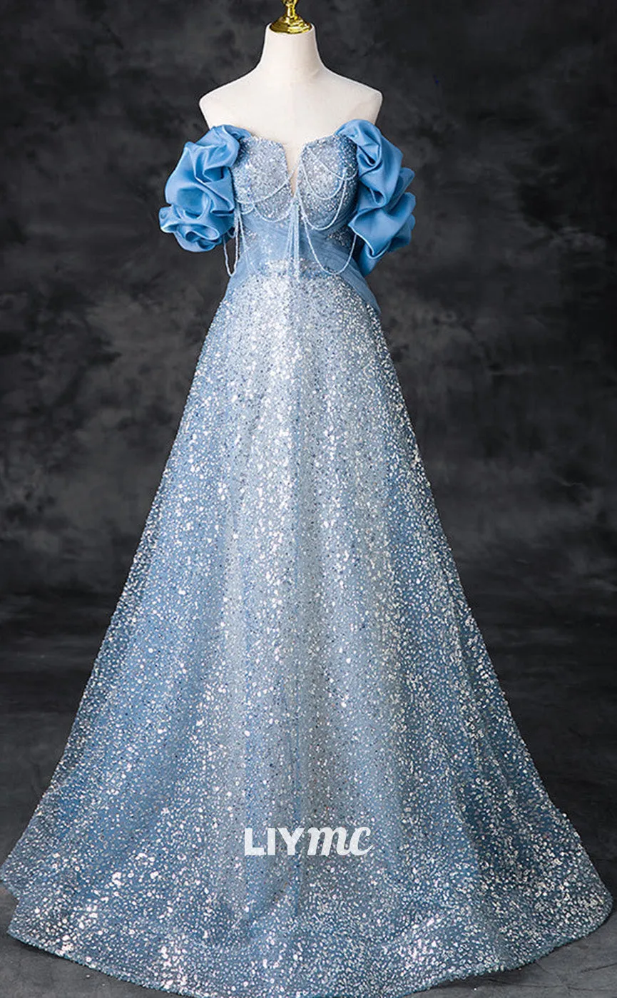 LP1899 - A-Line Off Shoulder Sequin Beads Blue Long Prom Dress, Blue Long Evening Dress