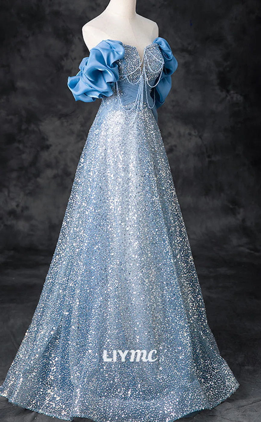 LP1899 - A-Line Off Shoulder Sequin Beads Blue Long Prom Dress, Blue Long Evening Dress