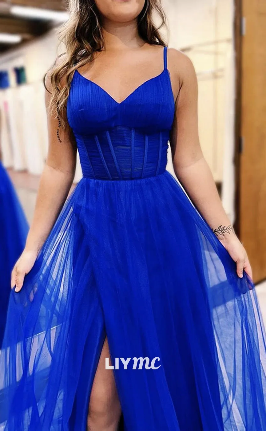 LP1907 - A-Line V Neck Tulle Blue Long Prom Dress, Blue Tulle Long Formal Dress