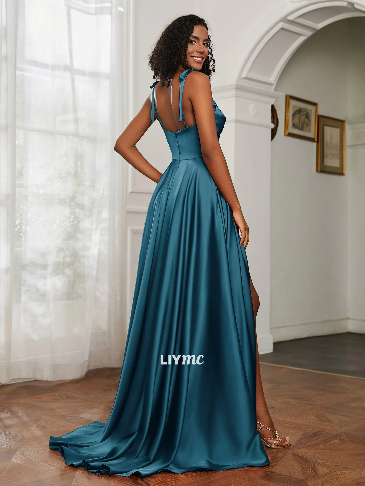 LP1923 - Cowl Neck A-Line Dress With Slit Ink Blue Dress