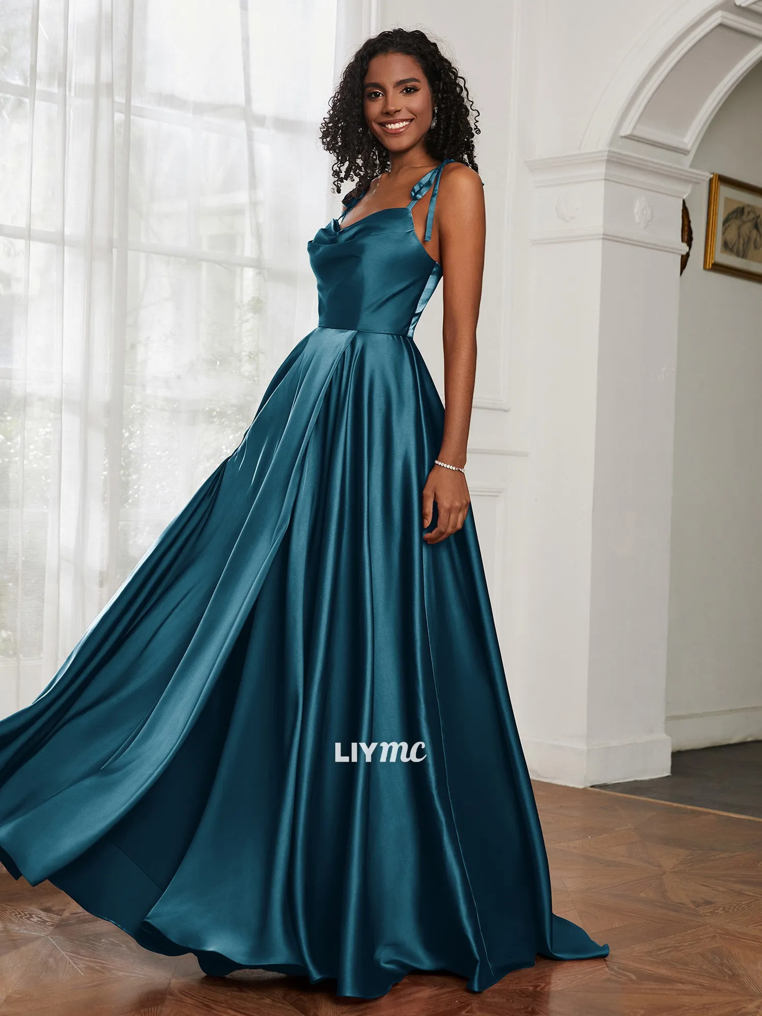 LP1923 - Cowl Neck A-Line Dress With Slit Ink Blue Dress