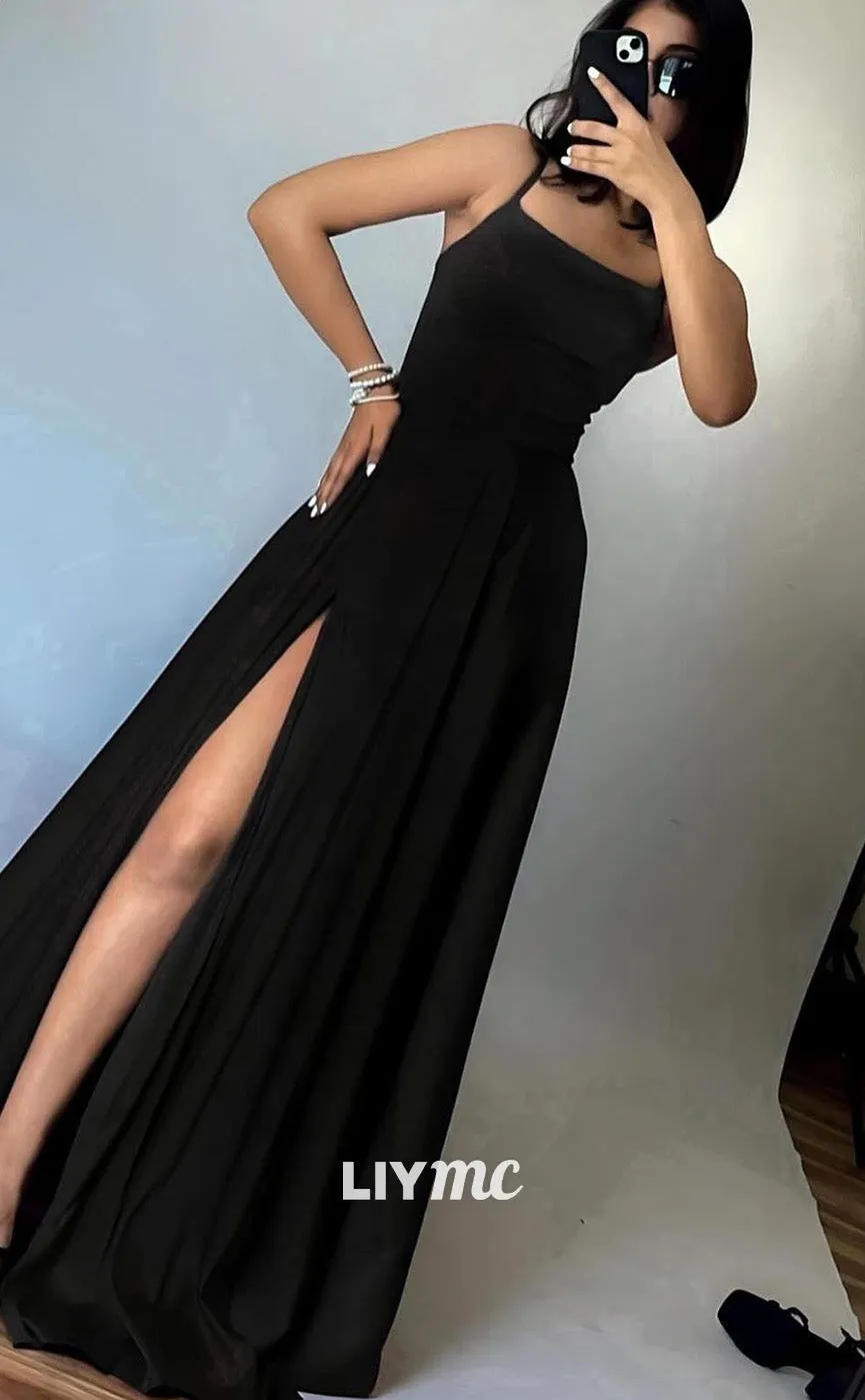 LP1955 - Scoop Spaghetti Straps Lace-Up A-Line Pleated High Slit Sleek Satin Prom Dress