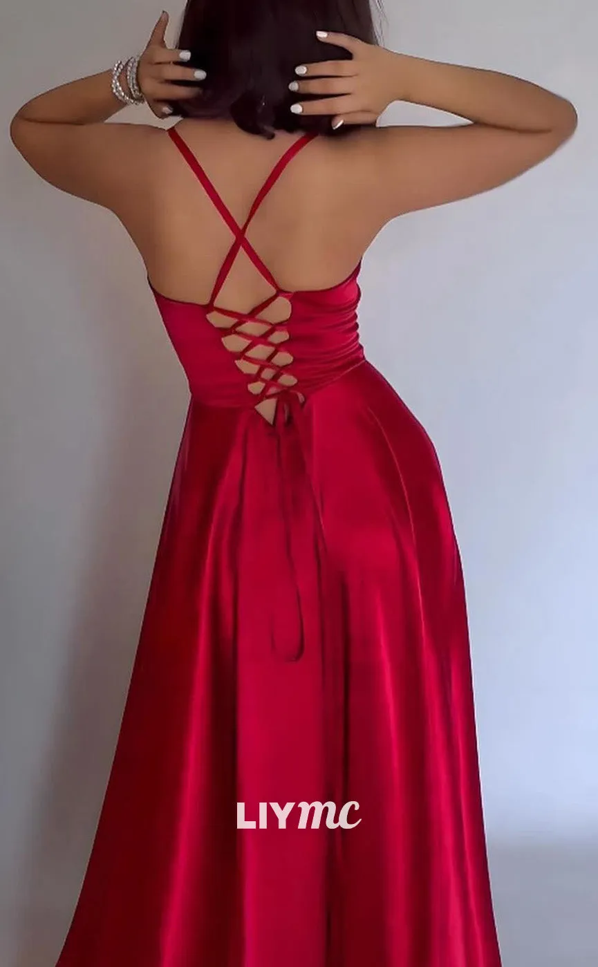 LP1955 - Scoop Spaghetti Straps Lace-Up A-Line Pleated High Slit Sleek Satin Prom Dress