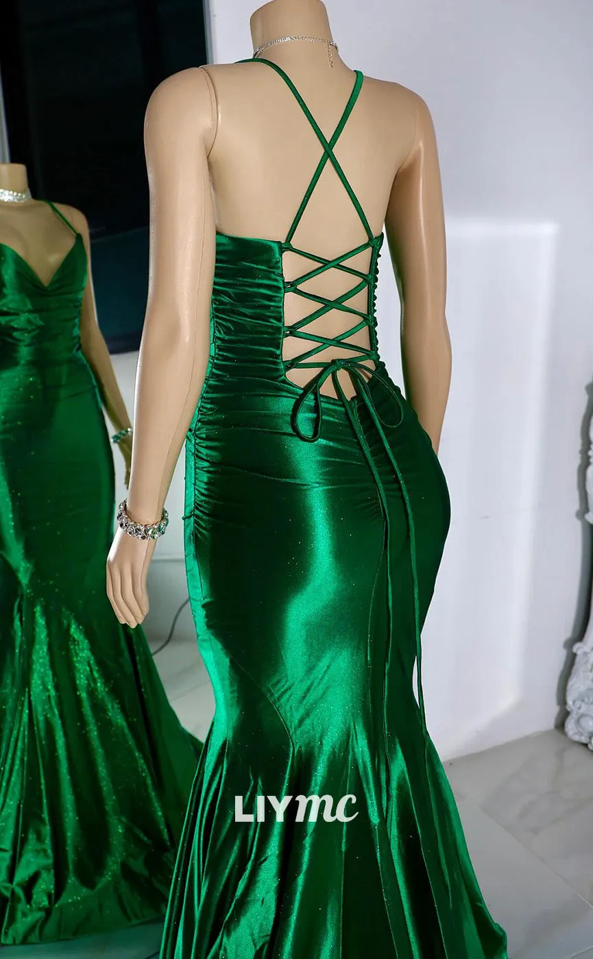 LP1963 - V-Neck Straps Sleeveless Sleek Satin Lace-Up Mermaid Prom Dress