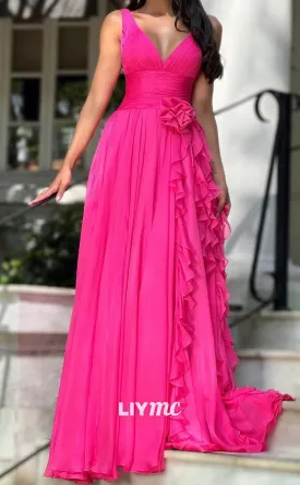 LP2020 - V-Neck Sleeveless Floral Sleek Satin A-Line Prom Dress