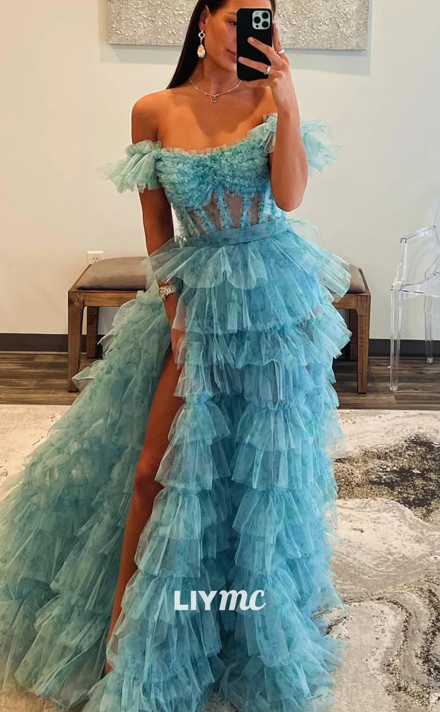 LP2052 - Off-Shoulder Strapless Sheer Tiered Tulle A-Line Ball Gown Prom Dress