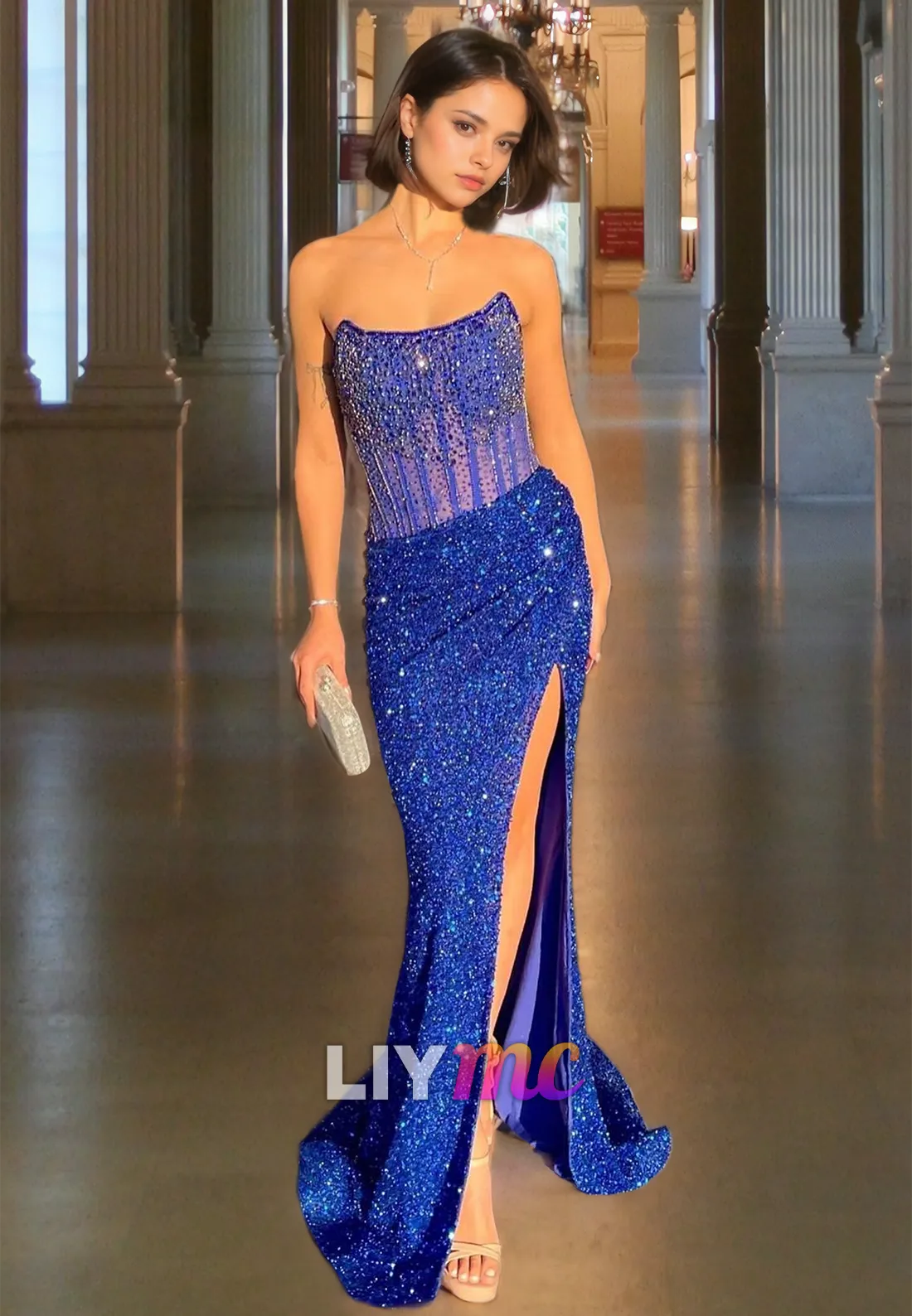 LP2063 - Scoop Strapless Appliques Sequins High Slit Sparkly Prom Dress