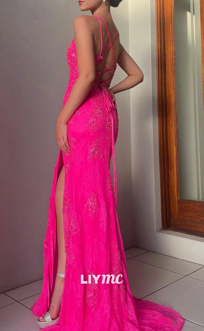 LP2070 - V-Neck Sleeveless Open Back Appliques Side Slit Prom Dress