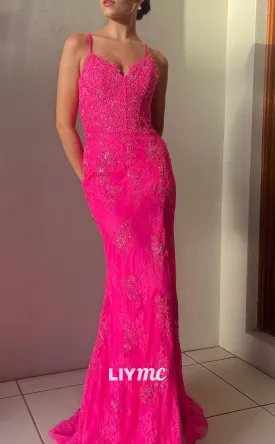 LP2070 - V-Neck Sleeveless Open Back Appliques Side Slit Prom Dress