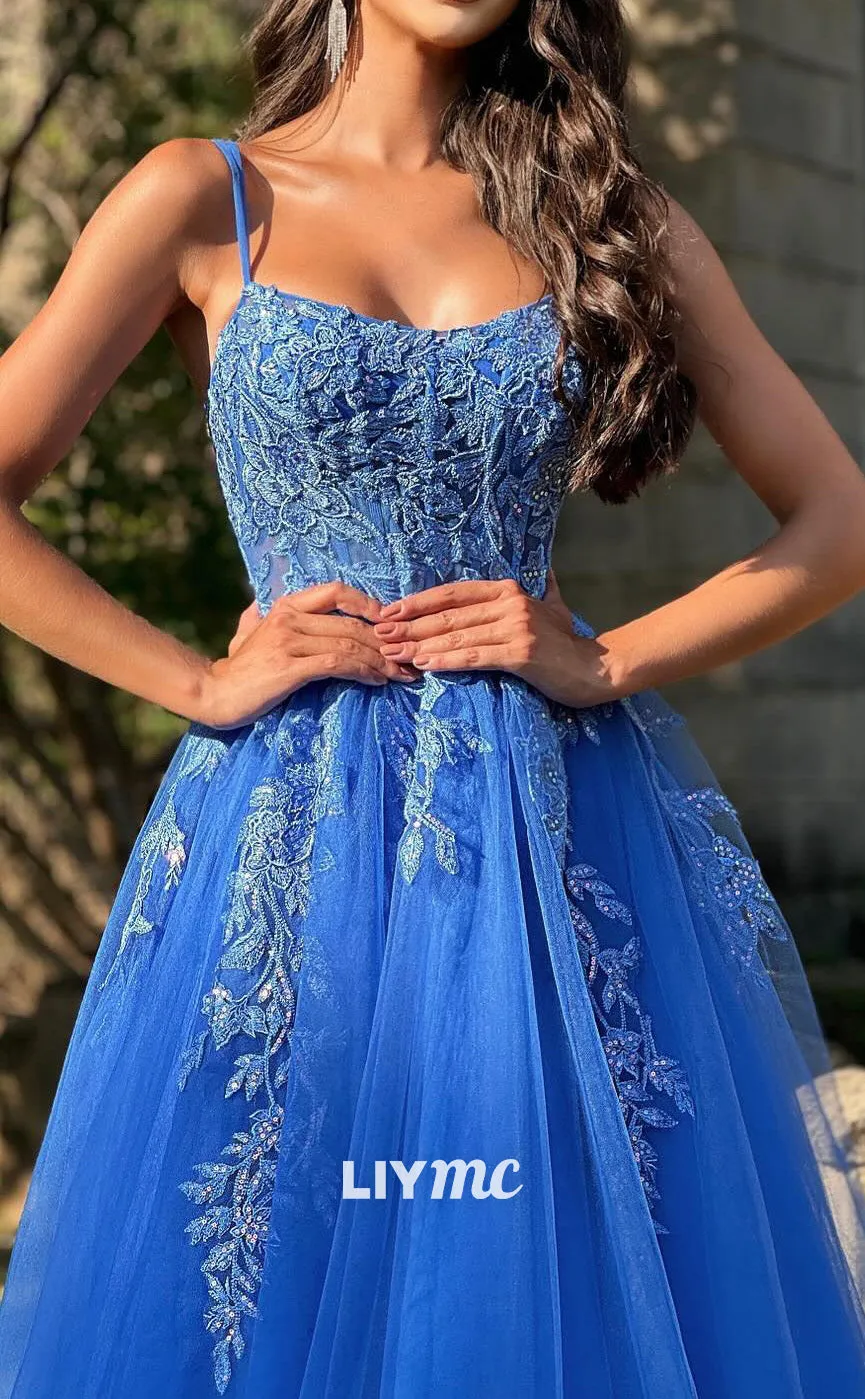 LP2093 - Scoop Spaghetti Straps Appliques Tulle A-Line Ball Gown Prom Dress