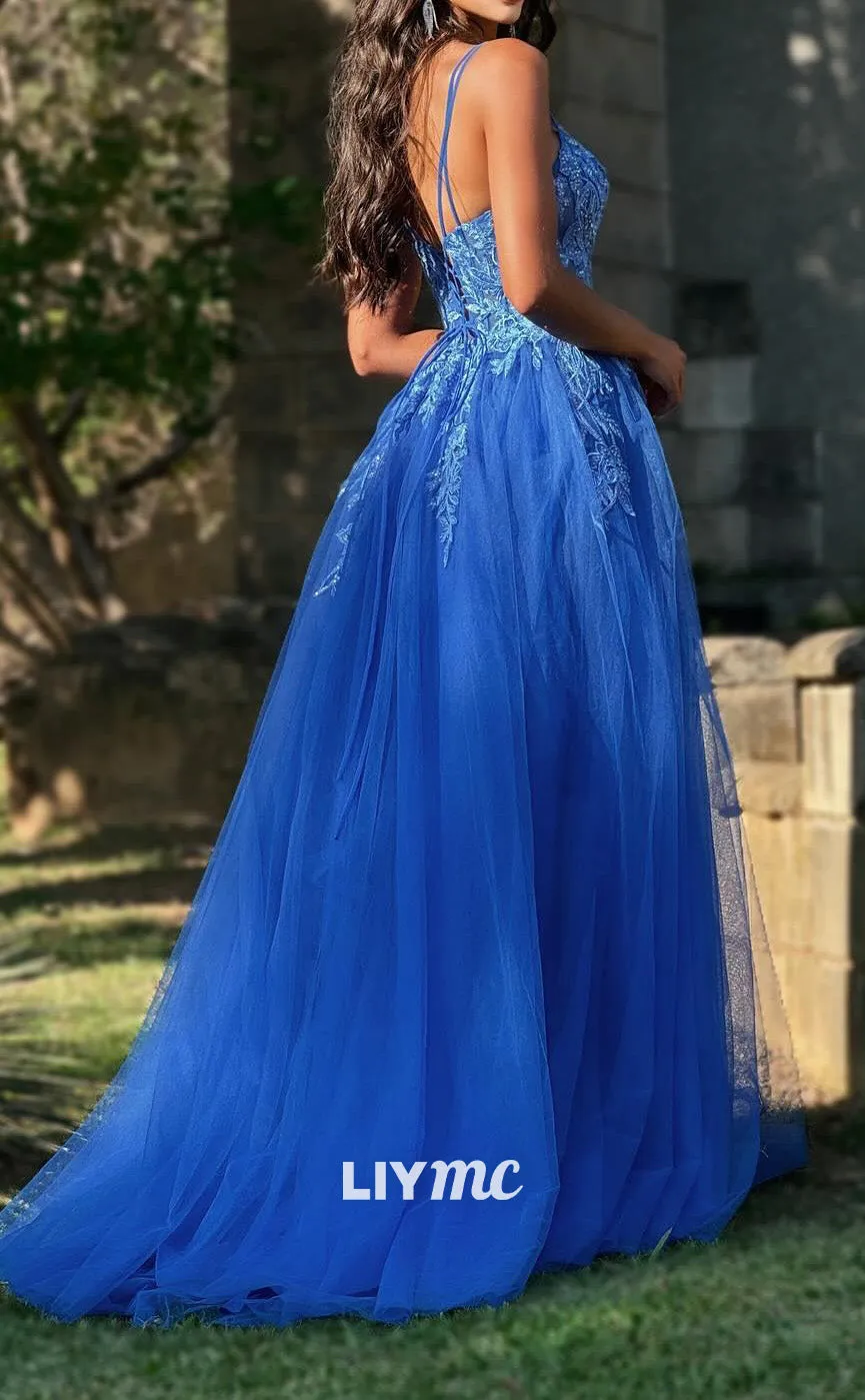 LP2093 - Scoop Spaghetti Straps Appliques Tulle A-Line Ball Gown Prom Dress