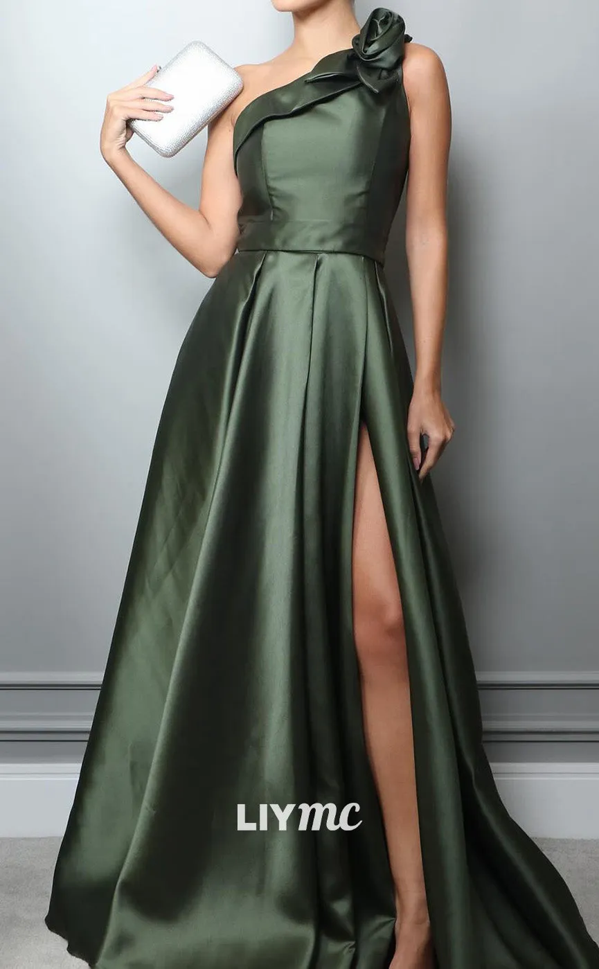 LP2098 - Asymmetrical Sleeveless Floral Embellished Pleated A-Line Prom Dress