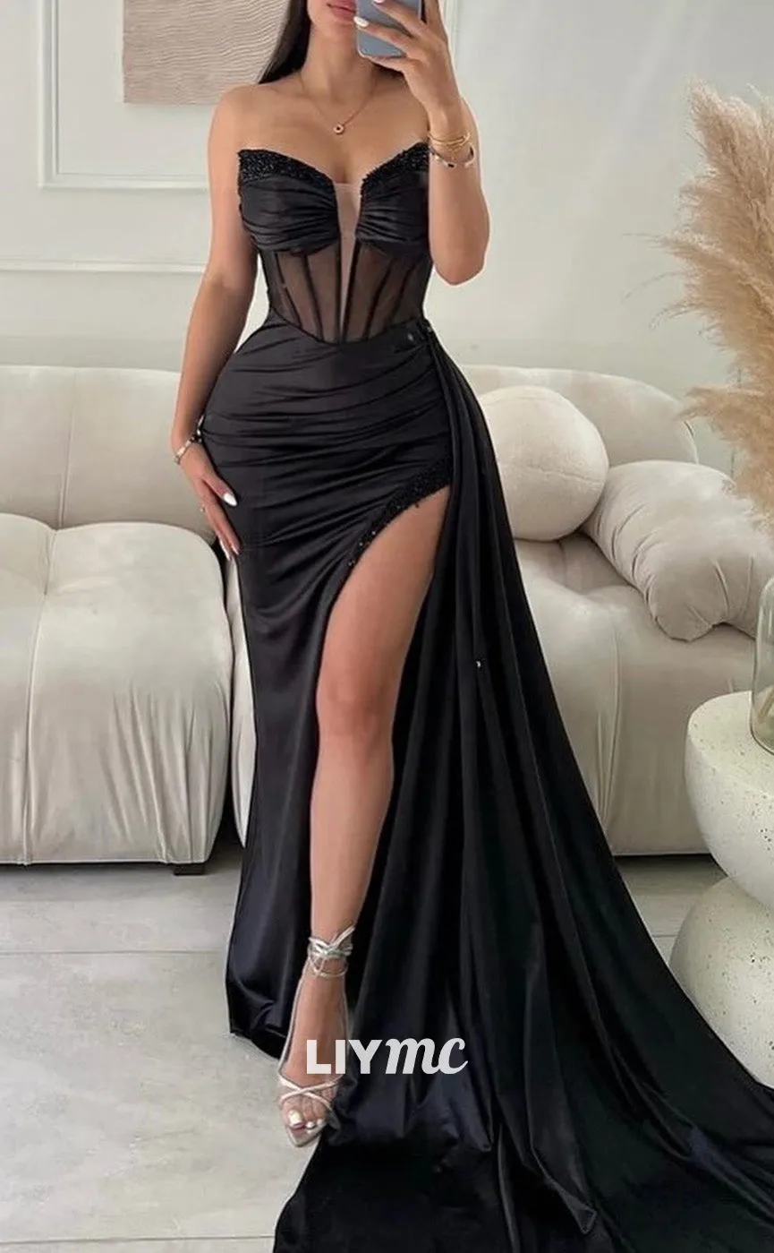 LP2131 - V-Neck Sleeveless Pleated High Slit Ruched Satin Sexy Prom Dress